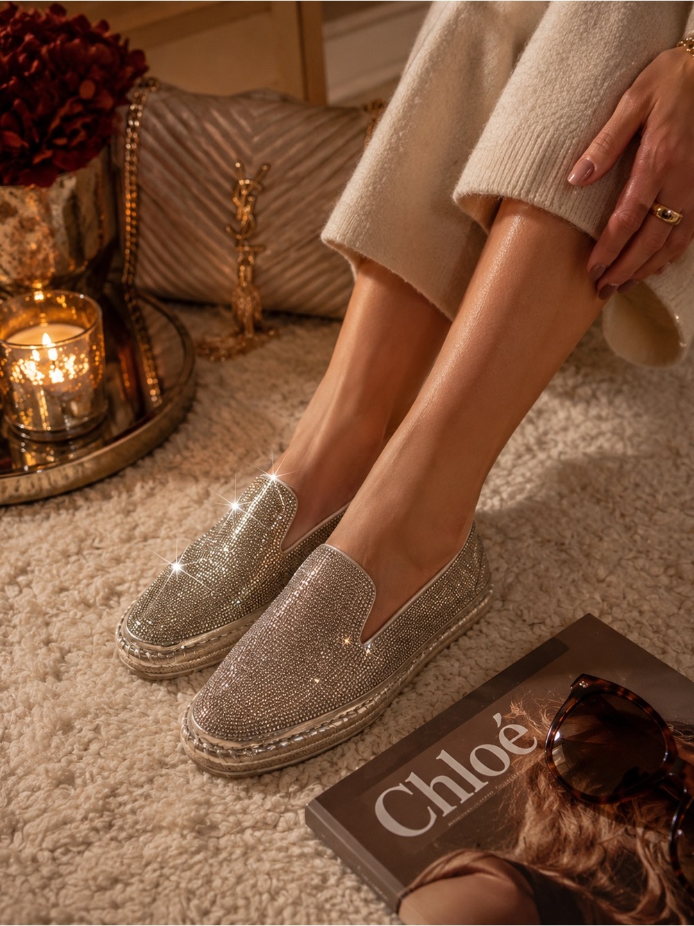 Slip-On Women's Embellished Loafers - Silver
